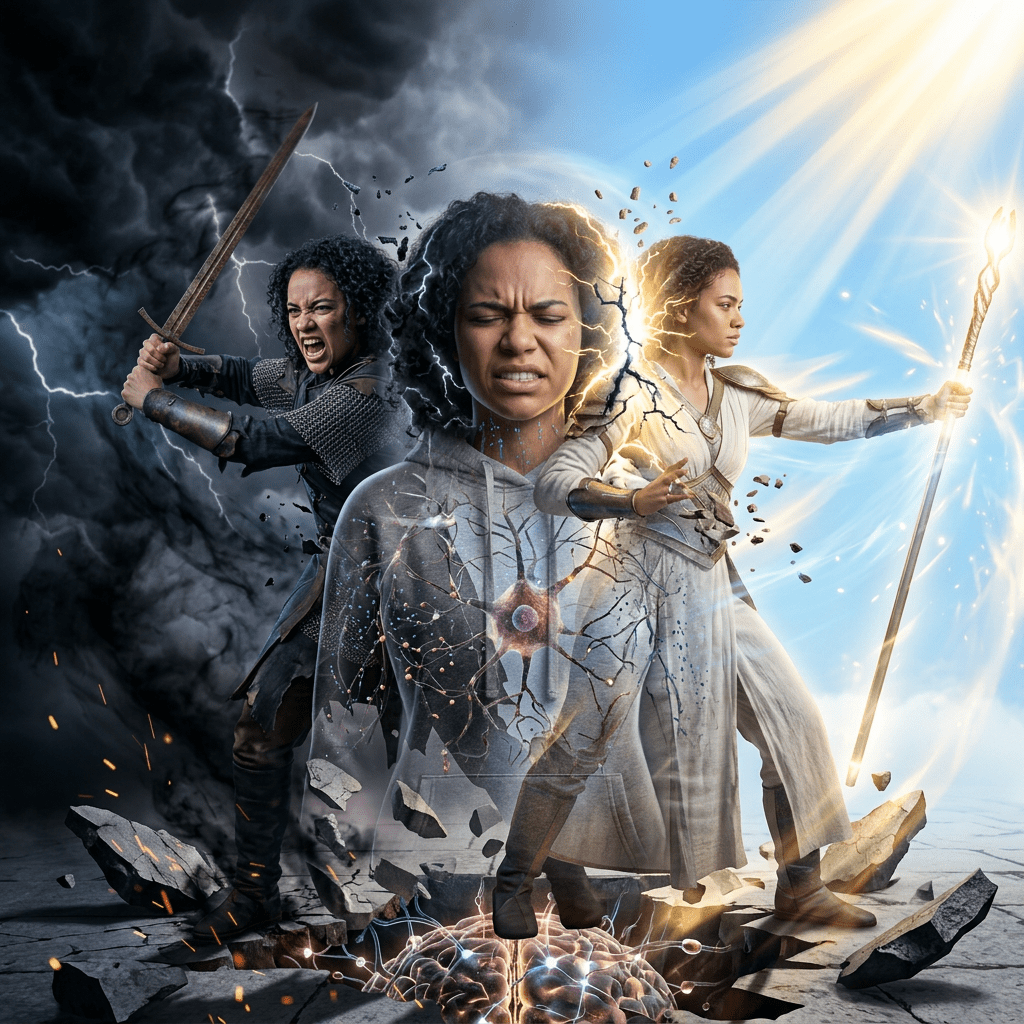 A woman in a hoodie with eyes closed, flanked by her darker warrior self with sword and lighter mage self with glowing staff