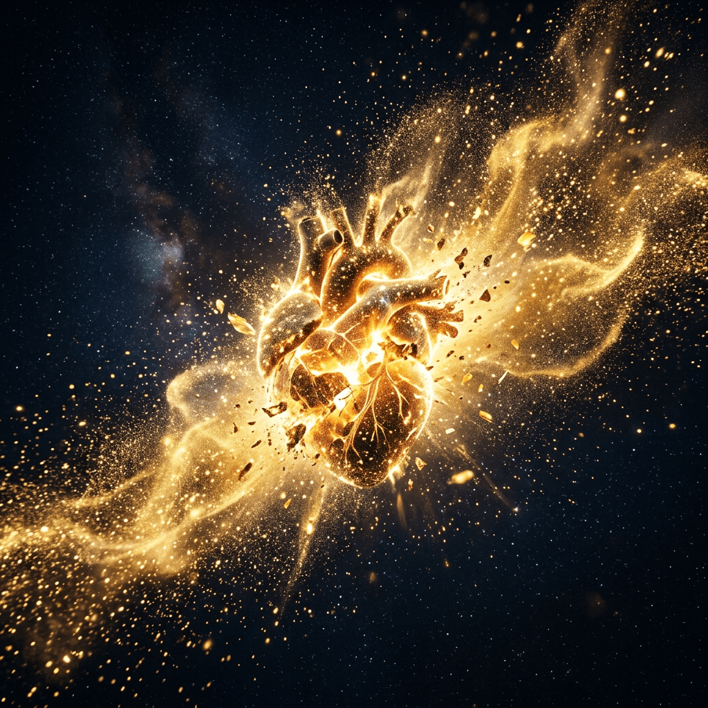 Exploding heart leaving shimmering gold dust vapor