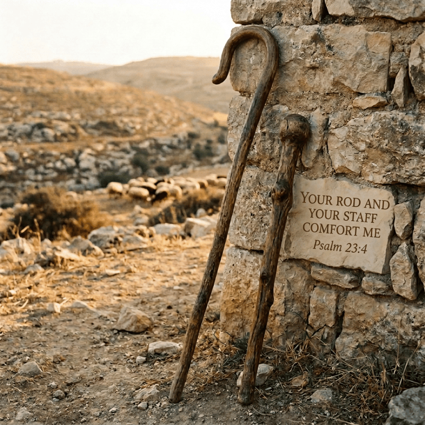 Two wooden shepherd's crooks leaning against a stone wall in a rocky outdoor setting